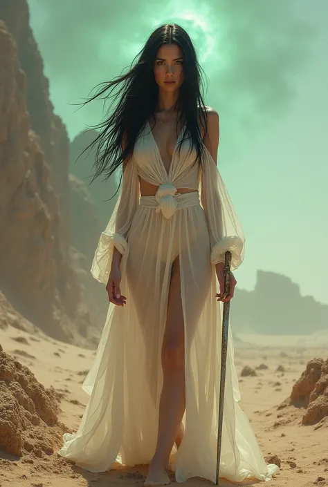 Radioactive meteor in the middle of a desert.  Polvadera. Beautiful girl in long translucent robe, and a metal staff. Very long long black hair.  pale skin, rosy cheeks. Beautiful, slim and lush body. High resolution, masterpiece, necessary, Anatomically c...