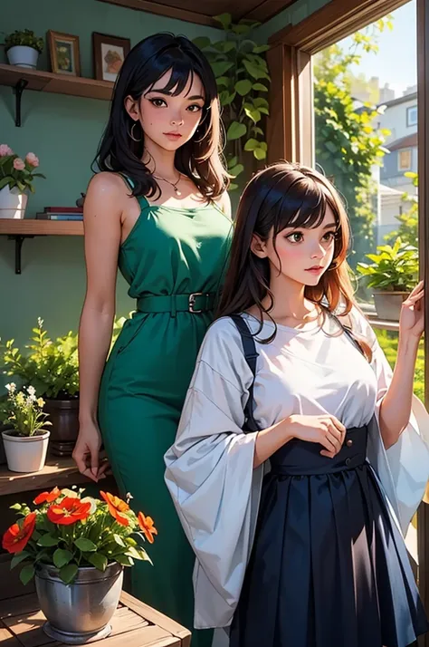 In the image there must be two young women of Latin origin with two different looks and two cats. In the background, in the background, you can see a nursery full of plants and flowers. The predominant color palette is red, blue and green.