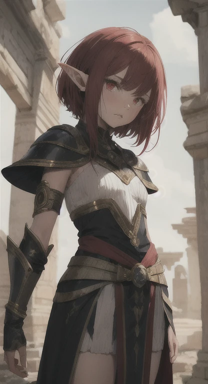 Ancient Elf, Mage, princess Sylphie, short red hair, red eyes, looking at viewer, stern, long messy hair, ancient kingdom, ancient mage armor,