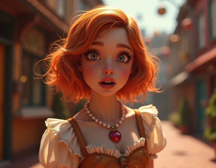 dslr camera, F/2.8, lens flare, 5D, 16K, super-resolution. Tim Burton style, key look, vibrant, highly detailed A 3D girl with wavy short ginger hair ,surprise and whimsical, vintage,Inspired by Bloodborne, Bloodborne costume ,babydoll,pearl necklace and t...