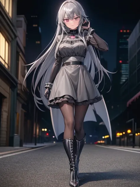 ((best quality)), ((masterpiece)), (detailed), 1 girl, Full body, 1, Depressed face, Silver eyes, Gray zippered hood, Blushing, Silver hair, Straight hair, long hair, ahoge, Bangs, Lock of hair covering right eye, Full body, Medium breasts, Slim body, Meta...