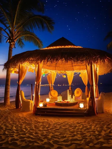  ((Night, under the stars))，A luxurious and joyous beach under the sky, where the golden sands meet the azure sea. The scene is set with opulent decorations, shimmering lights, and vibrant balloons. Guests are seen enjoying themselves, with some lounging i...