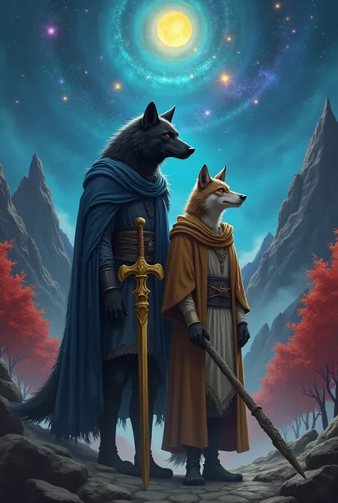 Werewolf couple, the black-coated male holding in a resting pose a golden sword with the tip down , wearing simple blue tunic, and in front of him his werewolf partner with brown fur wearing a simple priestess&#39;s outfit carrying a rustic wizard&#39;s st...