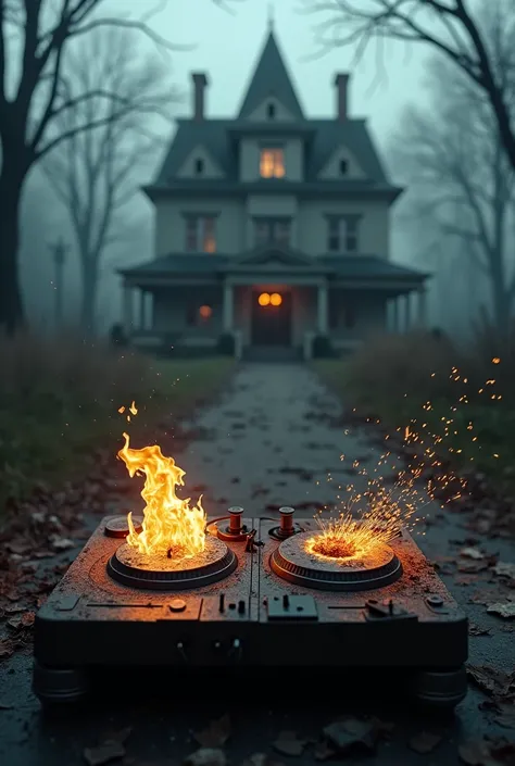 An abandoned haunted house in the background with broken windows and fog creeping up. In front of you, a DJ table in first-person view with one turntable on the right sparking with fire while the left side is broken and cracked, with sparks flying. The tab...