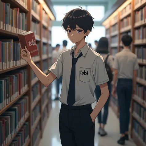 Anime highschool boy, wearing korean 
school uniform, a boy choosing a book in a 
library but face in front , with a blurry crowd and books background, with a text " T O B I " in his uniform