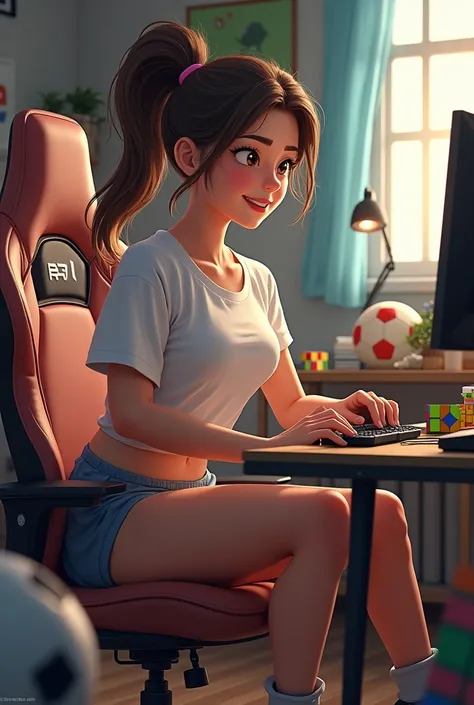 Make me a girl playing on a gaming setup who also plays soccer and assembles Rubik&#39;s cubes.

