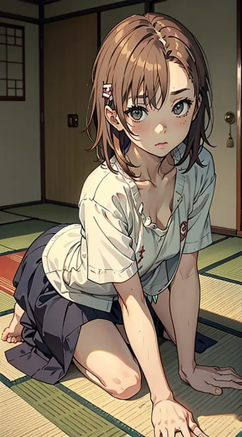 slouch、on all fours、misaka＿mikoto、slouch、japanese-style room、shirt