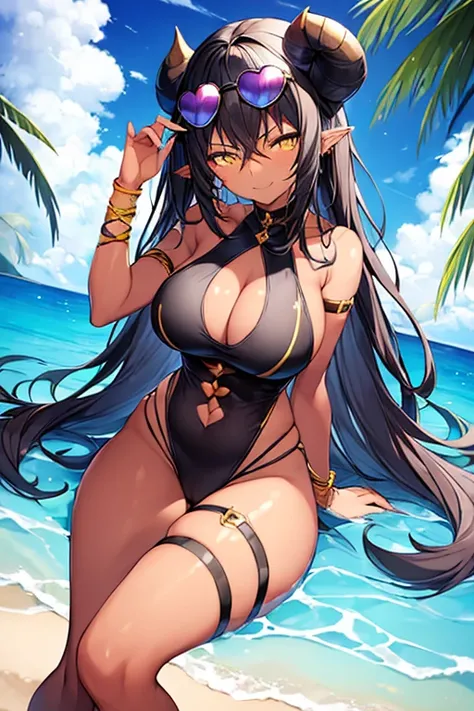 1girl, dark skin, dark-skinned female, black hair, long hair, sunglasses, eyewear on head, yellow eyes, smirk, smug, one-piece swimsuit, arm strap, thigh strap, golden trim, large breasts, thick thighs, hourglass figure, toned, beach, horns, purple horns,