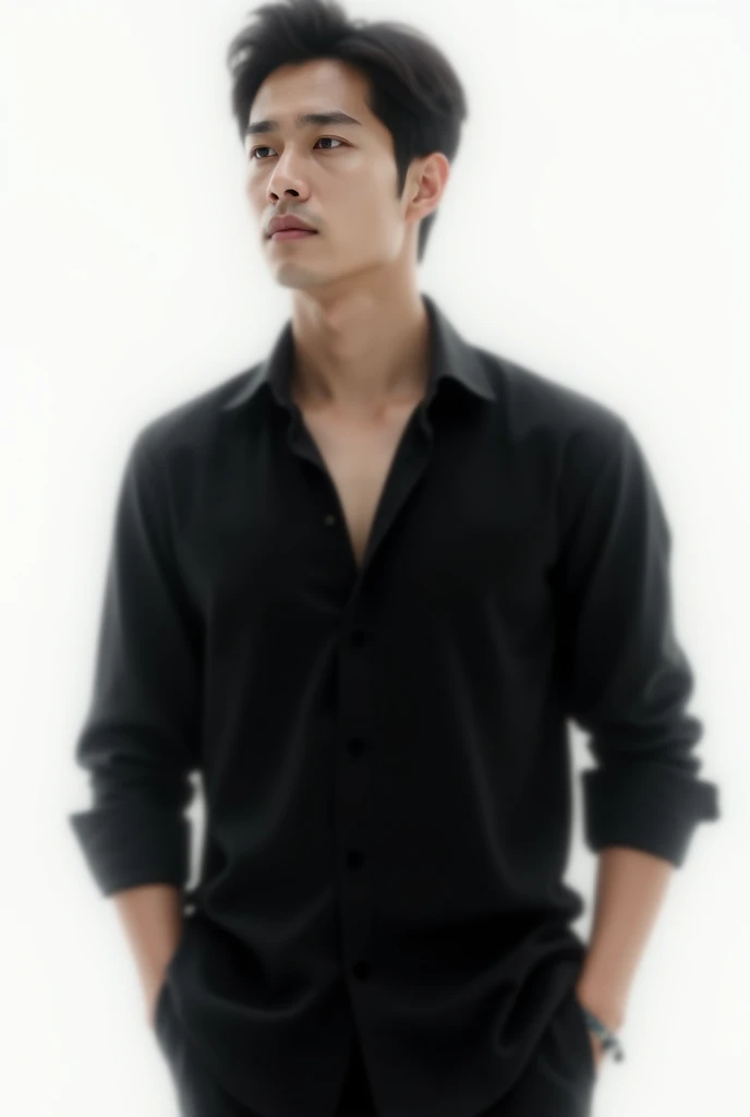 man, sexy, ultra realistic, full body, KOREAN MAN, hands in pockets, wearing a black shirt, white background