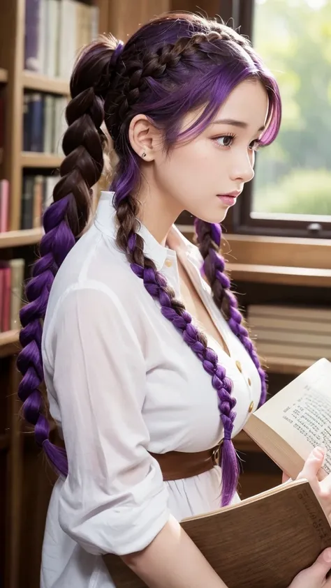 Ultra HD 4K8K。Portrait。Intricate details。Very detailed。Pretty face。Plump lips。(((Purple hair mixed with brown、Purple braids１Hair tied in a ponytail with a book。Braided ponytail hairstyle。))) Looks like a young Mira Sorvino 。Golden ratio body、胸は
ほどよく大きくWais...