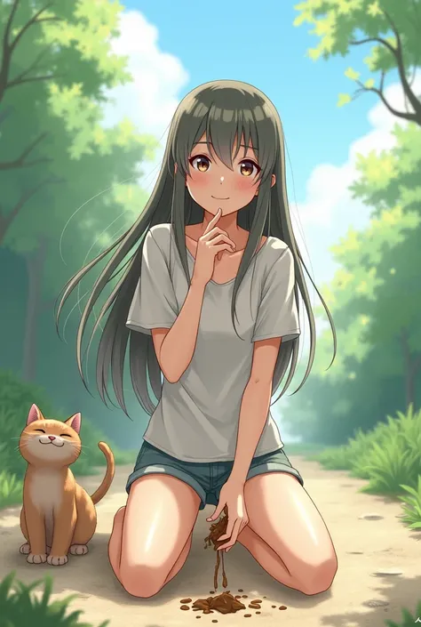 A female character doing pooping in open area ( fasing front position) and ( her legs were separated) ( hands were up and showing her poop ) a cat were smiling the poop