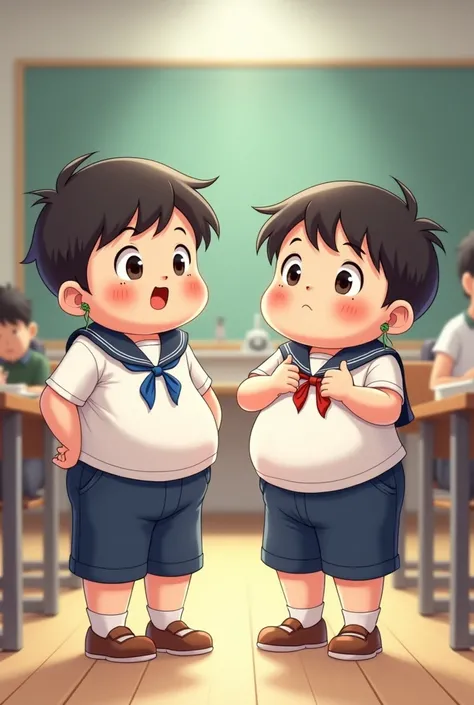 2 boys, (male child), (Gon frecess), (Killua Zoldyck), (cute), obese, chubby cheek, fat rolls, sailor uniform, earphone, (chubby), (plump), (belly significantly hang over the waistband), belly button exposed, loose shorts, standing in a classroom, (full bl...