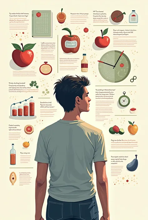 An illustrated figure reflecting on the role of information and the pitfalls of extreme diets, surrounded by text highlighting the importance of gradual, sustainable changes and understanding ones own body.style of a digital art