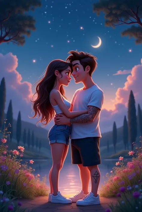 Disney Pixar style cover a couple in love with a beautiful night landscape a girl with long wavy brown hair mole in the middle of her forehead big lips thin white crop top short jeans white sneakers boy with white skin medium brown hair chubby with piercin...