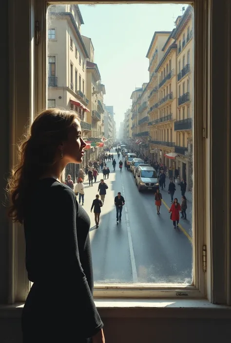 A woman seen at the window of her house looking out at the street, as if it were a painting where the painter had painted it on the street.