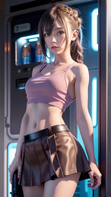 Best Quality, masterpiece, (Realistic:1.2), One girl, Alone, (Silhouette Lighting:1.2), Light brown French braid hair、With bangs, Cowboy Shot, Cyberpunk Style, Tank tops, Short skirt, Hourglass Shape, Stand next to a vending machine, dusk, Twilight, Clevis...