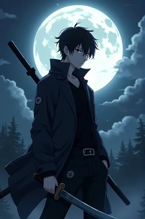 Anime ninja handsome man in a black jacket holding a dark crow Katana in hand with black eyes in the background of a beautiful bright moon 