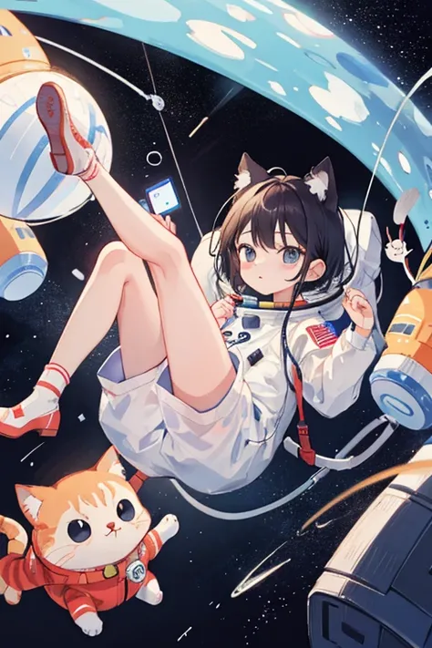 astornuat cute dressed up as an astronaut floating in outer space leaving some space for texting. pc wallpaper . cat center