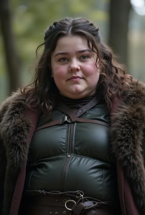 1 girl, chubby girl, fat girl, overweight girl, obese girl, Arya Stark played by MAISIE WILLIAMS, wide hips, fat arms, fat legs, fat face, double chin, screen-caps of game of thrones, Game of Thrones series, (highly detailed skin: 1.2), 8k uhd, câmera dslr...