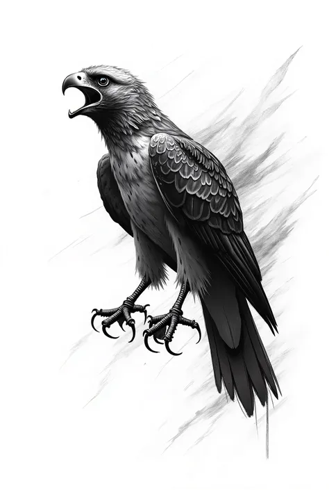 A hawk with its beak open screaming as if warning that it is going to attack prey that is far away from it, all in black and white with sketchy and very realistic lines, with open wings, screaming to scare off prey, as if his image was shaking because he w...