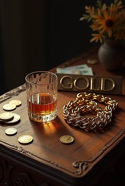 A table with a glass of whiskey, a gold chain, money and gold coins, and a board with the words GOLD on it. 