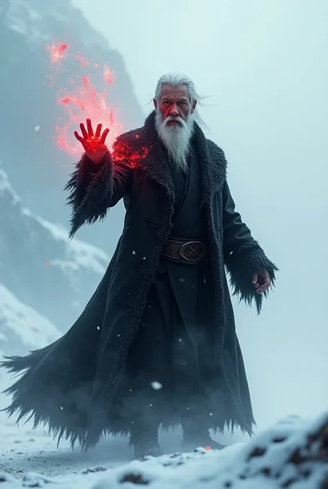 A man with white hair,asian and lonely. He raises a hand which gives off a red light and he is wearing a long black coat in the snow.