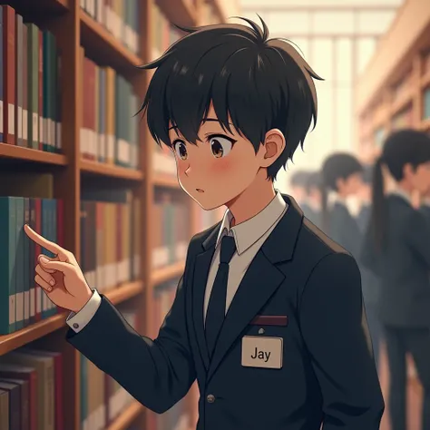 Anime highschool boy, wearing korean 
school uniform with tuxido , a boy choosing a 
book in a library [2:3] but face in front , with a blurry crowd and books background, with a text " JAY " in his uniform