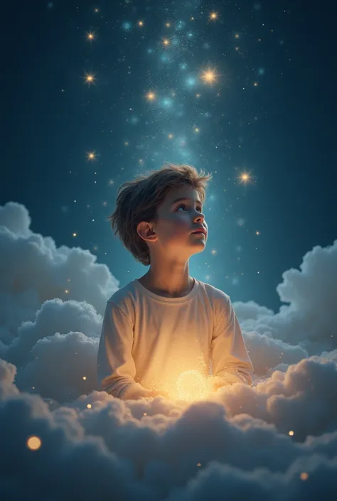 "A young boy with a calm face, surrounded by a soft, heavenly glow. A peaceful and spiritual scene with the night sky filled with stars, emphasizing divine wisdom."
