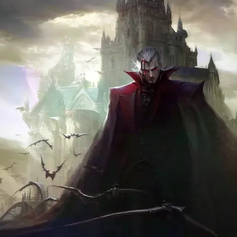 arafed image of a vampire standing in front of a castle, count dracula, vampire lord, male vampire of clan banu haqim, vampire of clan lasombra, dracula, portrait of professor sinister, male vampire, metabaron, inspired by Raymond Swanland, steel inquisito...