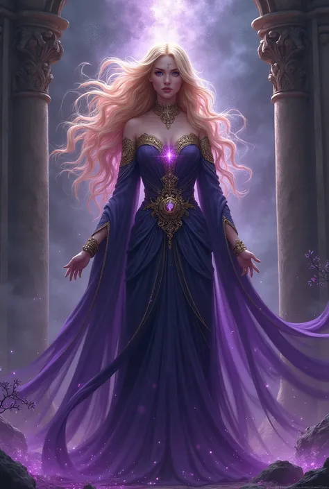 Make me a goddess who controls dreams and death, her hair is blonde with purple tips and her magic is purple and gold, around her is a shadow and a dream 