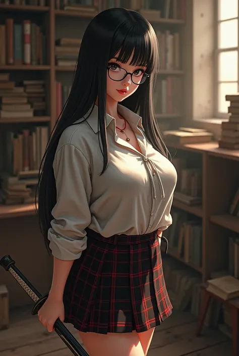 a beautiful girl with long straight black hair, large breasts, and a large bottom, wearing glasses, standing sideways and looking at the camera in a room full of old books, wearing a black and red checkered mini skirt and a loose white student shirt with w...