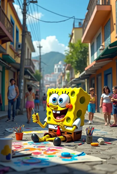 SpongeBob creates with a joint on the streets of Rio de Janeiro favela
