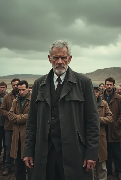 A serious man speaking to a group of people. They appear uneasy. The background has a simple, barren landscape under a cloudy sky, symbolizing moral conflict."