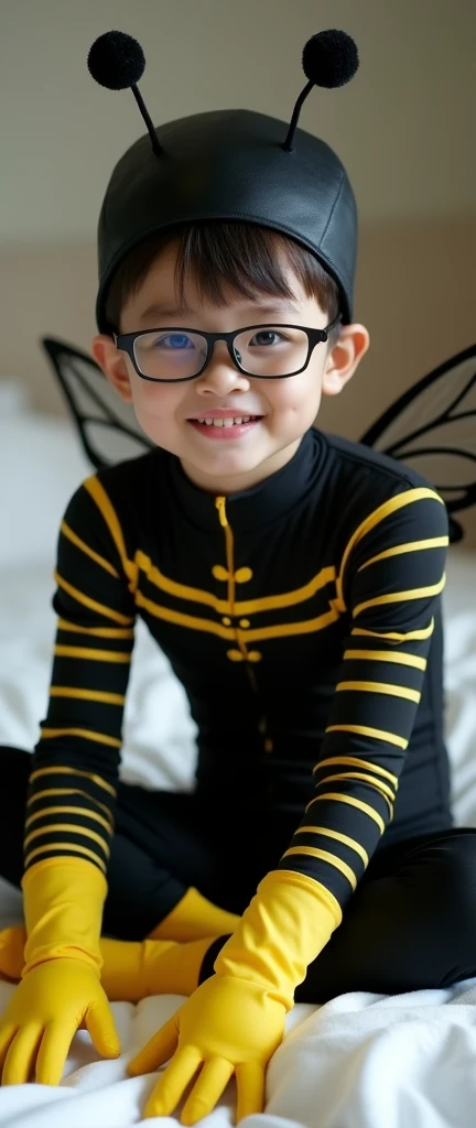 a most beautiful,a most thinest and the most handsome eighteen years old asian chinese teenager adult boy with a pair of glasses wears black bee animal costume lycra long sleeved turtleneck unitard catsuit covered with many yellow stripes with yellow lycra...