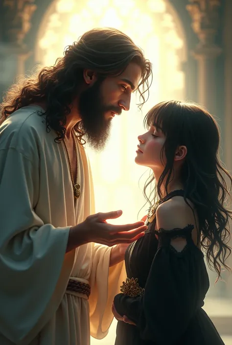 Jesus Christ of Nazareth happy with a young gothic anime girl