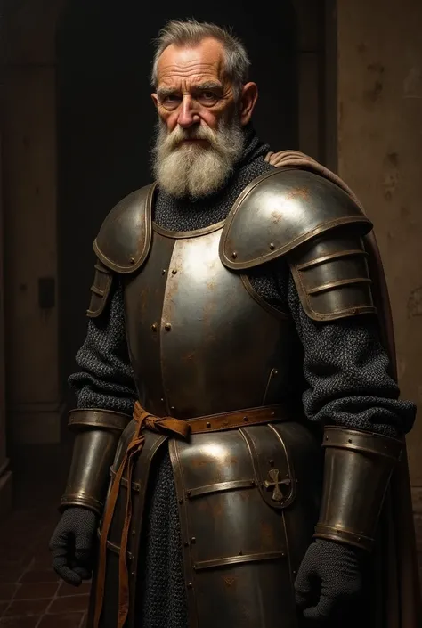 An old knight. Historically accurate XV century armor. Oil painting. Rembrandt lighting. Gambesson. Chainmail