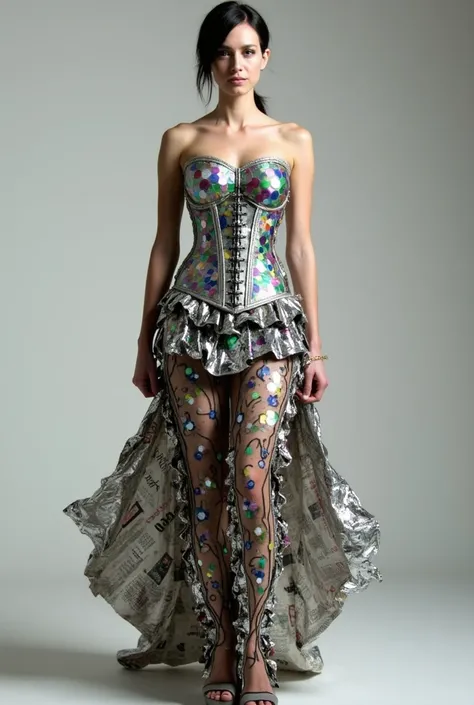 A eco fashion outfit with a corset top that has cds resembling a mozaic patter and a thigh length skirt made with crumpled foil and a big green and blue trail at the back made with newspaper and magazines