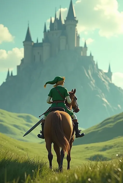 Link from The Legend of Zelda looking at Ganon&#39;s castle riding Epona 