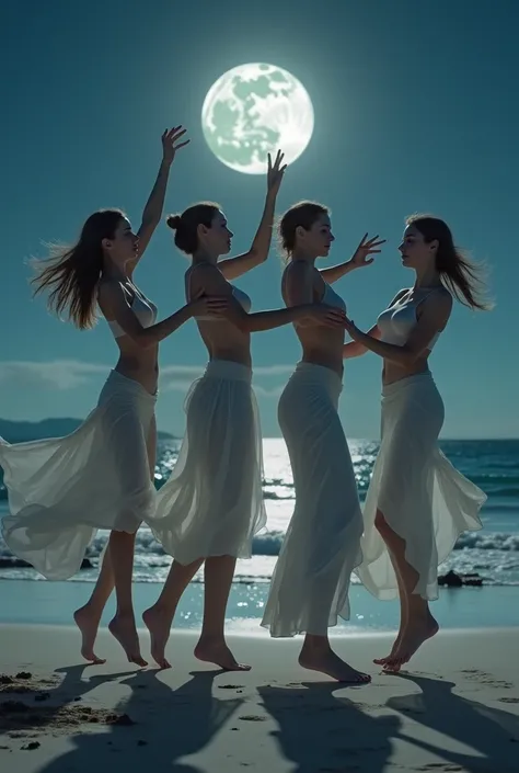 Four statuesque women dancing on the beach in the moonlight 