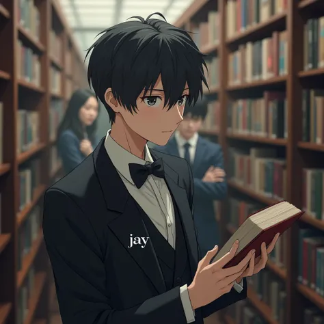 Anime highschool serious boy, wearing 
korean school uniform with tuxido , a boy 
choosing a book in a library [2:3] but looking in front , with a blurry crowd and books background, with a text " JAY " in his uniform