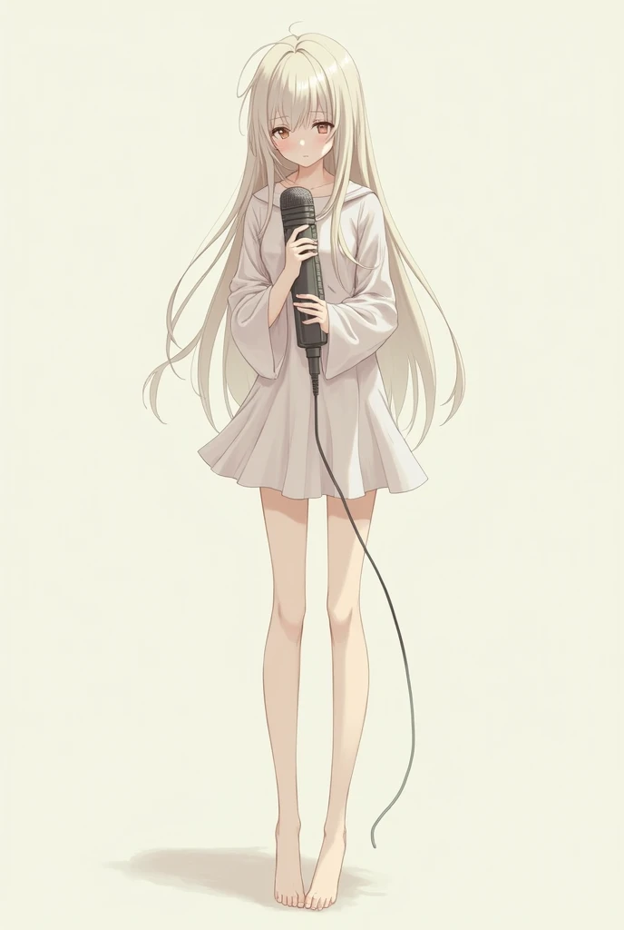 Create a pose for a female anime character looking down with her legs together while holding a full body microphone., front camera