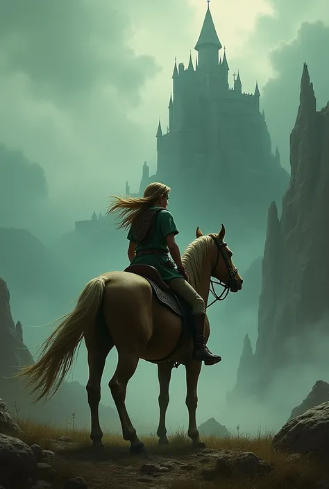 Link from The Legend of Zelda Ocarina of Time looking at Ganon&#39;s Castle riding Epona Dark Fantasy 
