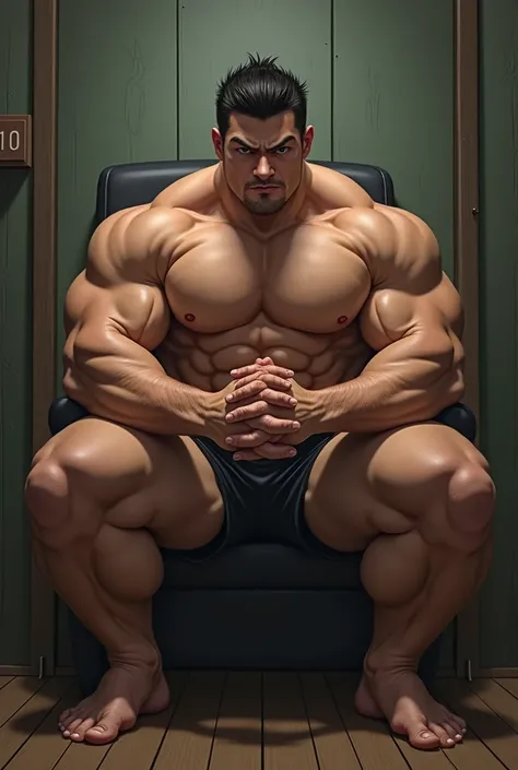 Macho　Quite muscular　Hands clasped behind back　Sitting cross-legged　Rugby Club　manly　The legs are very thick　20 years old　Japanese　