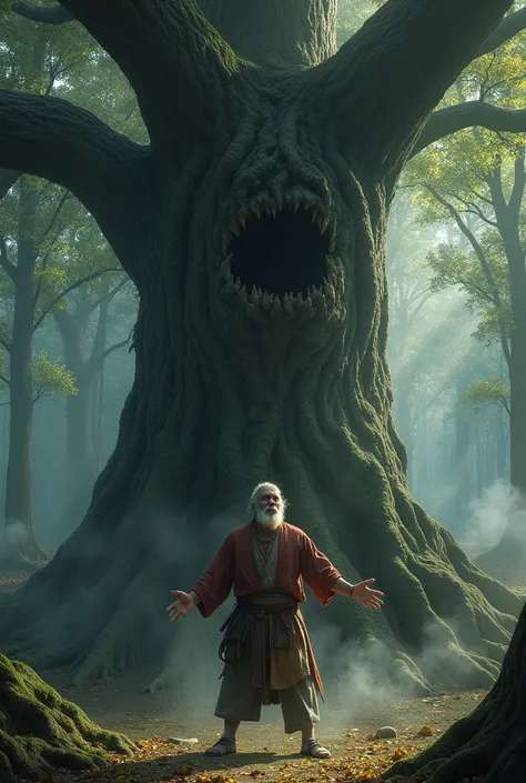 Image for the moment when the woodcutter returns to the magic tree, asking for more wealth and power