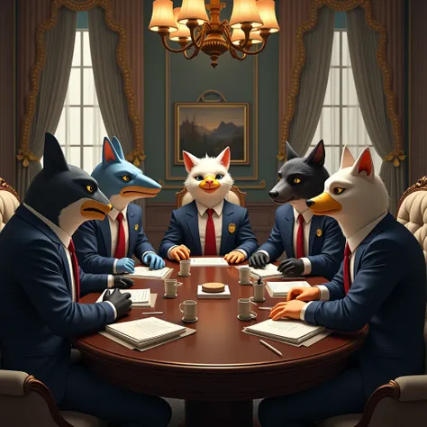 a meeting table, with a shark man, an eagle man, a werewolf, a cat man, sitting together in a meeting looking at a black cat male employee who is sitting away. All in suits in a luxury meeting room.