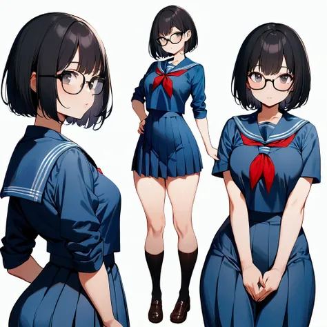 1girl, glasses, solo, school uniform, sailor collar, looking at viewer, black hair, short hair, serafuku, blue sailor collar, blue shirt, shirt, black eyes, bangs, black-framed eyewear, bob cut, curvy, standing, full body, white background, simple backgrou...