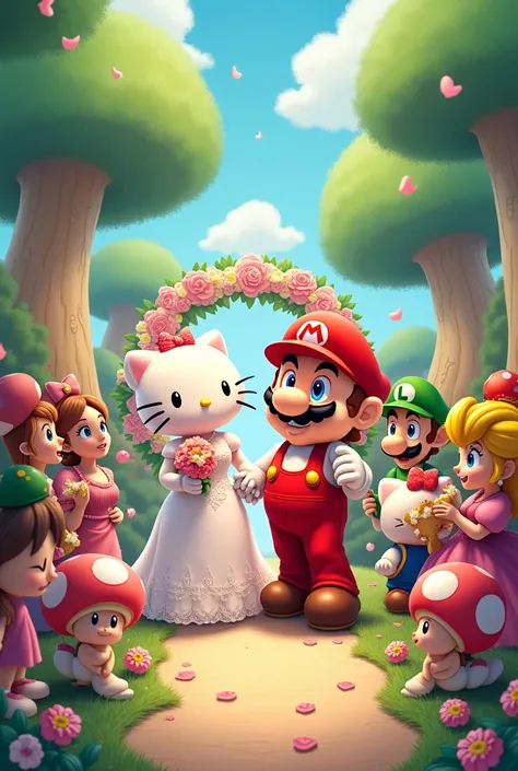 Hello Kitty marrying Mario Bros, full of guests around with characters from hello kitty and mario bros