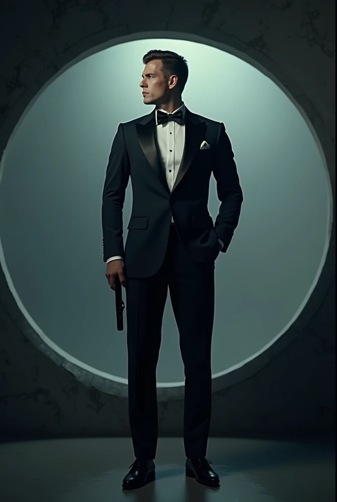 Create a image of man  in tuxedo a circle in background like in the James bond movie 