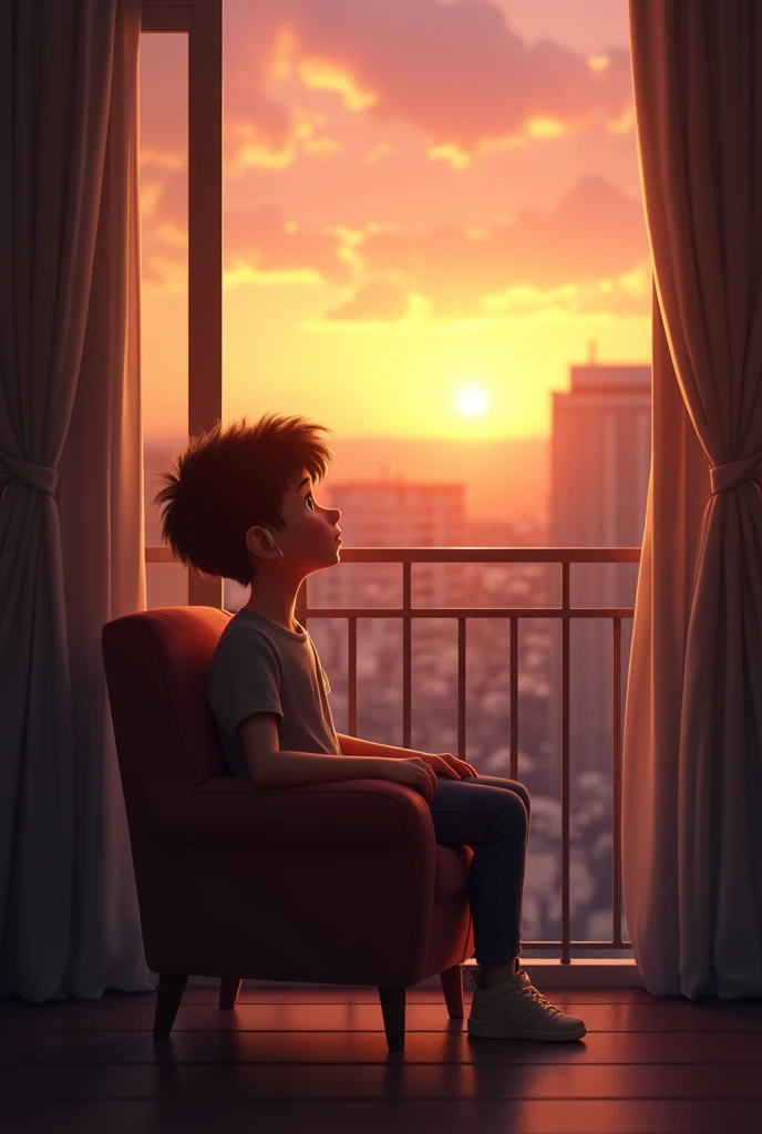 A boy sit in the chair and watching the sun set in balcony and listening a song by earphones 