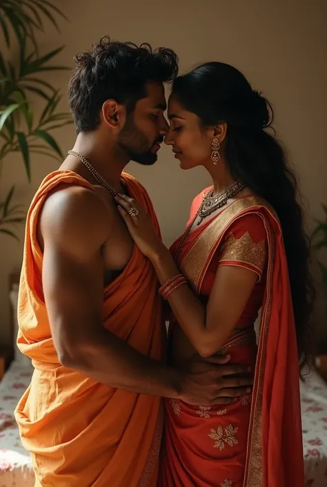 Man kissing the navel his Indian wife in saree while holding her waist